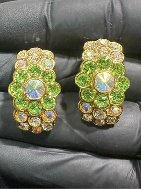 Vtg: Made in USA Green & Iridescent Rhinestone Curved Clip On Earrings